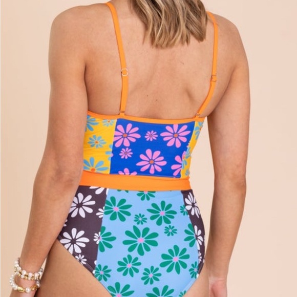 Vibrant Orange and Blue One Piece Swimsuit with Retro Flair - Picture 2 of 2